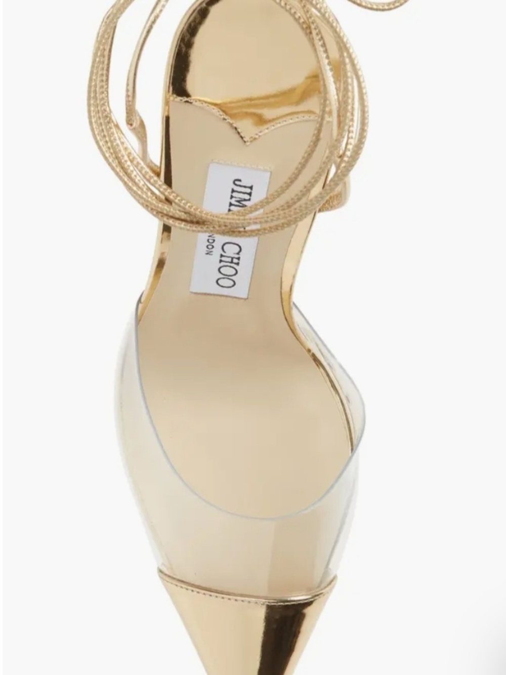 Jimmy Choo Farley Gold Pointed Toe Clear Lace-Up Pumps - Picture 6 of 7